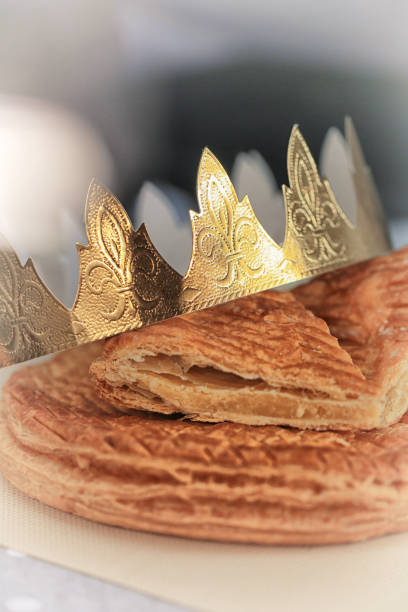 king cake,galette des rois and its crown close-up, epiphany
