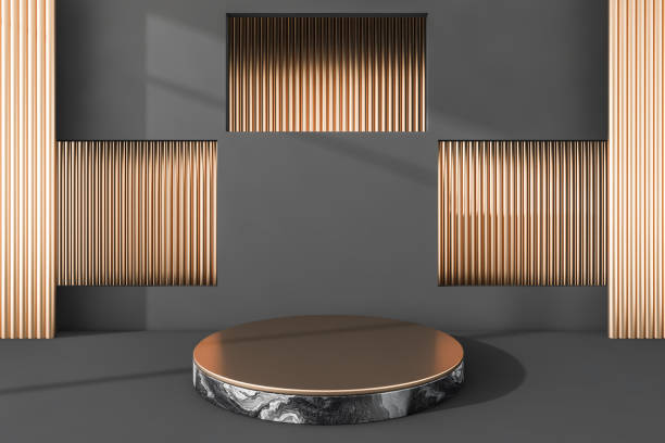 istock Black and golden podium for product display, mockup 1324501046
