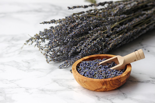 A bowl of dried lavender used in Aromatherapy.