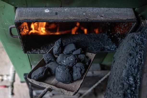 Pieces of coal on dirty shovel . Adding to the stove. stock photo