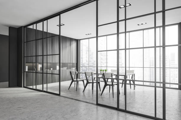 istock Interior design modern meeting room with panoramic windows. Contemporary conference board table. Cityscape view. 1324502819