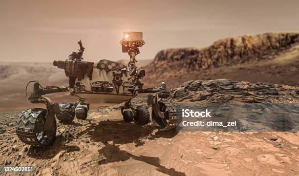 Rover Sulla Superficie Di Marte Esplorazione Del Pianeta Rosso Spedizione Stazione Spaziale Perseveranza Spedizione Della Curiosità Elementi Di Questa Immagine Forniti Dalla Nasa - Fotografie stock e altre immagini di Mars Rover