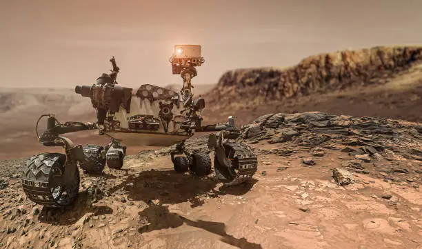 Photo of Rover on Mars surface. Exploration of red planet. Space station expedition. Perseverance. Expedition of Curiosity. Elements of this image furnished by NASA