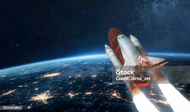 Space Shuttle In Space Near Earth Planet Stratosphere Of Earth Spaceship On Orbit View From International Space Station Expedition On Iss Elements Of This Image Furnished By Nasa Stock Photo - Download Image Now