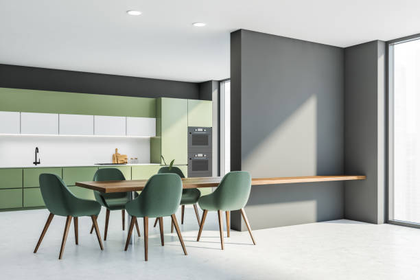 istock Grey kitchen interior with table and chairs near window, mockup 1324503043