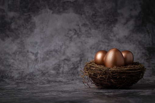 Financial Concept. Three Golden Eggs in Hay Nest on Dark Background. Blank space. Still life. Studio shot.