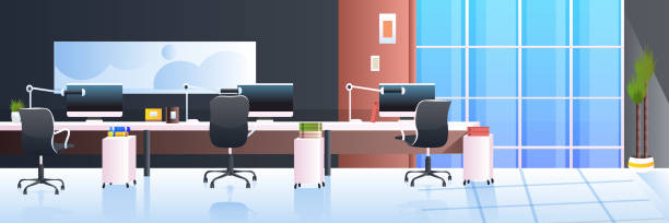 ilustrações de stock, clip art, desenhos animados e ícones de modern office interior empty no people cabinet room with furniture horizontal - modern office
