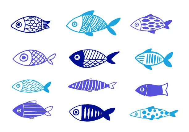 Vector illustration of Greek fish, collection of hand drawn illustrations. Blue traditional fish symbols and icons