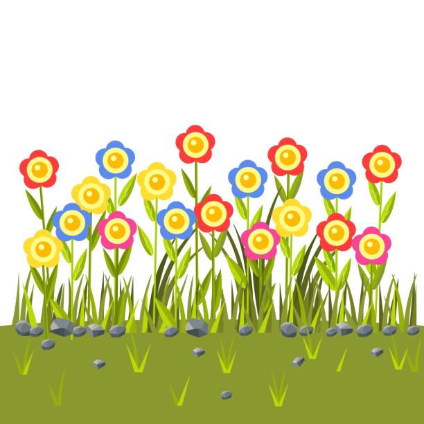 istock Flowers field with colorful blossom. Green grass border. Spring scene. Vector illustration 1324504263