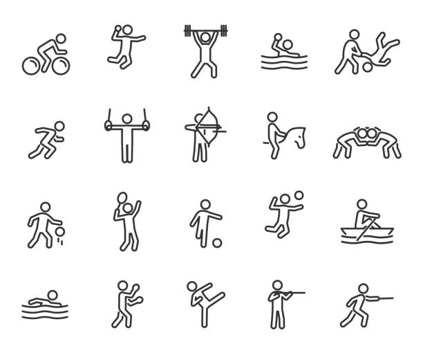ilustrações, clipart, desenhos animados e ícones de conjunto vetorial de ícones de linhas esportivas. contém ícones do halterofilismo, basquete, taekwondo, handebol, judô, esgrima, vôlei, ciclismo, wrestling e muito mais. pixel perfeito. - rowing team sport team sport rowing