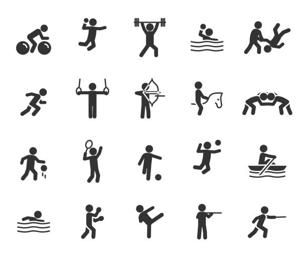 ilustrações, clipart, desenhos animados e ícones de conjunto vetorial de ícones planos esportivos. contém ícones do halterofilismo, basquete, taekwondo, handebol, judô, esgrima, vôlei, ciclismo, wrestling e muito mais. pixel perfeito. - pentatlo moderno