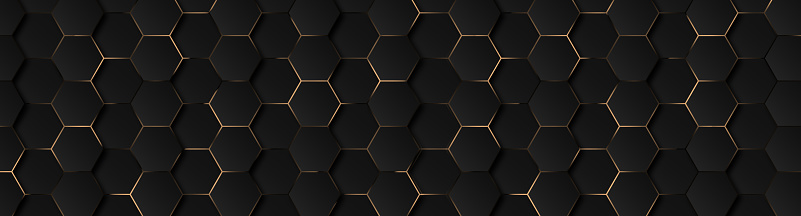 Dark 3d geometric texture illustration. Bright grid pattern. Pure black horizontal banner wallpaper. Carbon elegant wedding BG