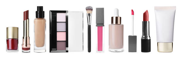 istock Set with different decorative cosmetics on white background. Banner design 1324505333