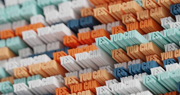 istock 3D Yes, you can! Abstract typographic 3D lettering background. Modern bright trendy motivational word pattern in orange, blue and white. Contemporary cover and backdrop 1324506496