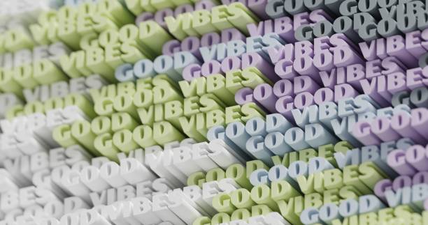 istock 3D Good Vibes. Abstract typographic 3D lettering background. Modern bright trendy word pattern in a light green, olive, gray color palette. Contemporary cover, backdrop for presentations 1324506500