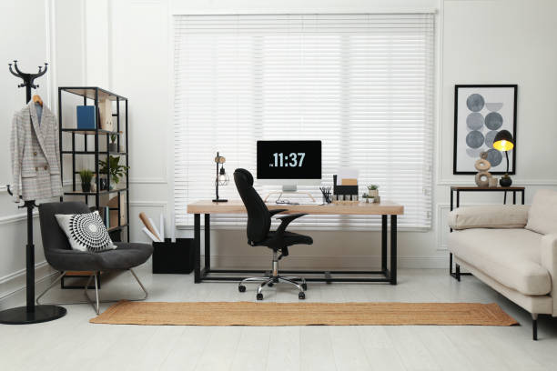 istock Home office interior with comfortable workplace near window 1324507084