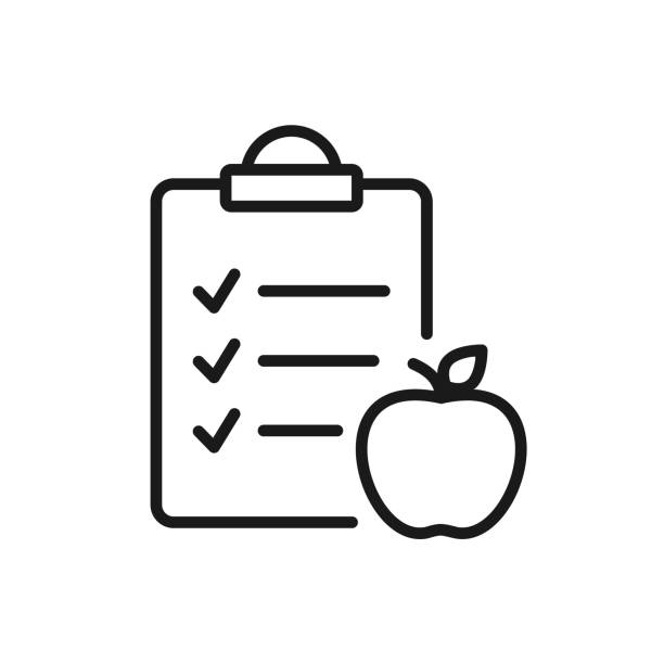 apple mit checklisten-liniensymbol. gesundeernährung. - weight reduction plan stock-grafiken, -clipart, -cartoons und -symbole
