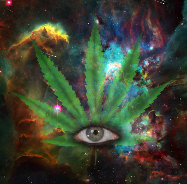 Marijuana Leaf and Eye Marijuana leaf and eye in vivid space. 3D rendering. eye nebula stock pictures, royalty-free photos & images
