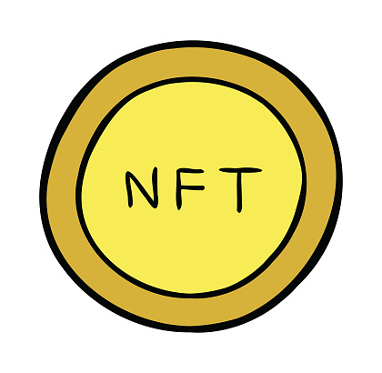 Cartoon vector illustration of NFT coin. Colored and black outlines.