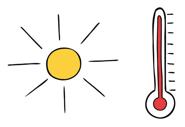 Cartoon vector illustration of sun, thermometer and very hot weather Cartoon vector illustration of sun, thermometer and very hot weather. Colored and black outlines. cartoon thermometer stock illustrations