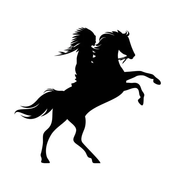 Vector illustration of native american chief riding rearing up horse black vector silhouette