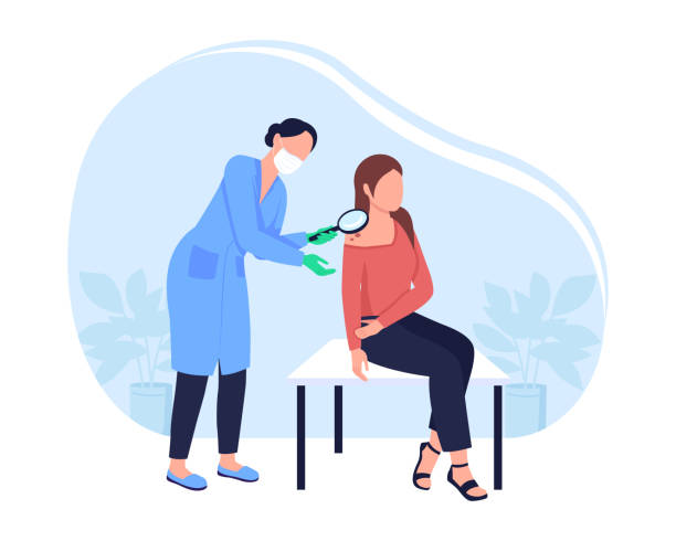 Check melanoma for skin cancer 2D vector isolated illustration Check melanoma for skin cancer 2D vector isolated illustration. Practitioner examines mole. Female doctor and patient flat characters on cartoon background. Dermatologist appointment colourful scene dermatologist stock illustrations