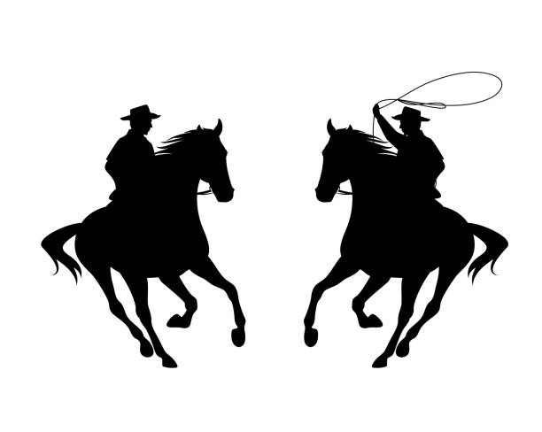 ilustrações, clipart, desenhos animados e ícones de cowboy montando cavalo correndo e jogando lasso preto vetor silhueta conjunto - rodeo cowboy horse silhouette