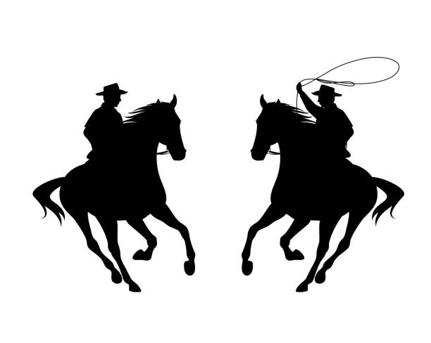 cowboy riding running horse and throwing lasso black vector silhouette set cowboy rider riding galloping horse and throwing lasso - wild west ranger black and white vector silhouette design set silhouette of a cowboys logo pic stock illustrations
