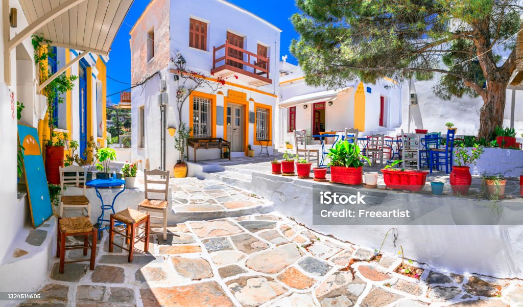 Beautiful Lefkes traditional greek village in Paros island. Charming coffe bars and taverns in colorful narrow streets. Cyclades , Greece Paros Stock Photo