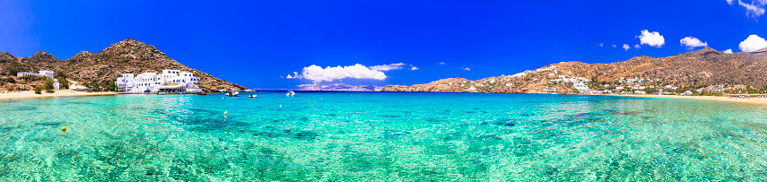 Greek summer holidays. Best beaches of Ios island Mylopotas with crystal clear waters. Creece, Cyclades
