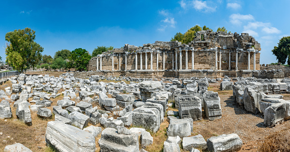 Turkey, Side. The ancient roman Nymphaeum fountain ruins situated in the turkish town of Side. Ruins of anchient city