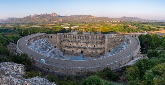Amphitheater of Aspendos ancient city near Antalya, Southern Turkey. Panoramic top view.