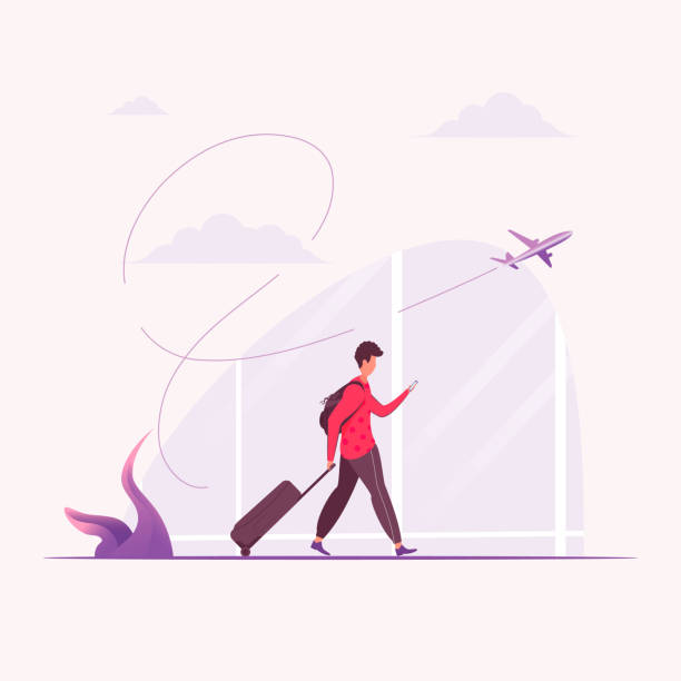 stockillustraties, clipart, cartoons en iconen met a man pulling suitcase after himself while using smartphone at an empty airport. - airport