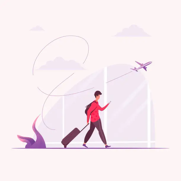 Vector illustration of A man pulling suitcase after himself while using smartphone at an empty airport.