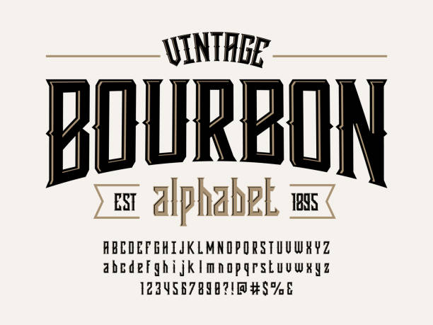 vintage font Vintage whiskey and bourbon label style alphabet design with uppercase, lowercase, numbers and symbols vintage stock illustrations