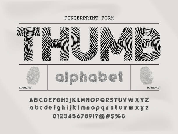 finger print font Finger print style alphabet design with uppercase, lowercase, numbers and symbols fingerprint stock illustrations
