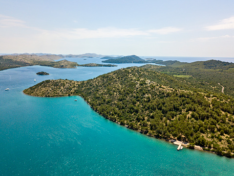 Aerial view of the island of Dugi Otok in front of the city of Zadar, Croatia