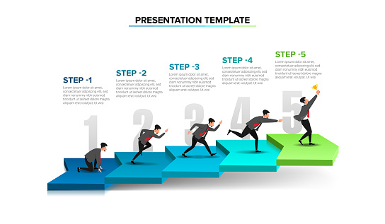 Presentation Template of a Progress Steps illustrated with businessman in hurry in each step