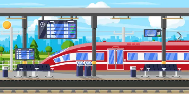Vector illustration of Modern Railway Station with High Speed Train