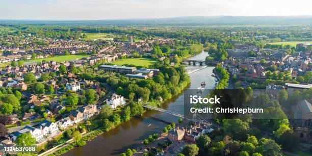 Aerial View Of River Dee In Chester Including Queens Park Bridge And The Old Dee Bridge Cheshire England Uk Stock Photo - Download Image Now