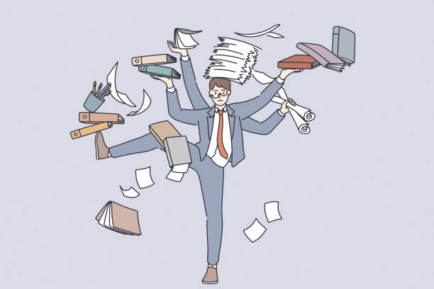 ilustrações de stock, clip art, desenhos animados e ícones de business multitasking and time management concept - skill emotional stress occupation men