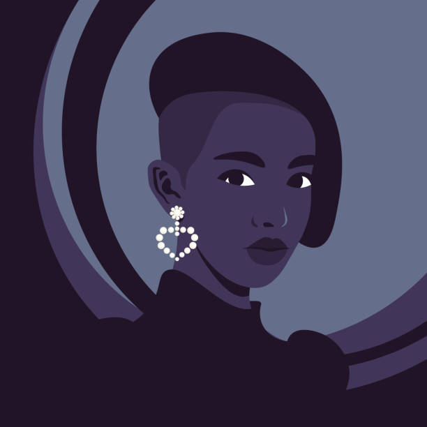 ilustrações de stock, clip art, desenhos animados e ícones de portrait of a fashion african woman in half-turn with the earring. - mulher careca