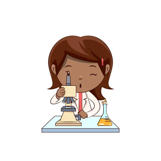 Vector illustration of Scientist using microscope, cute little girl