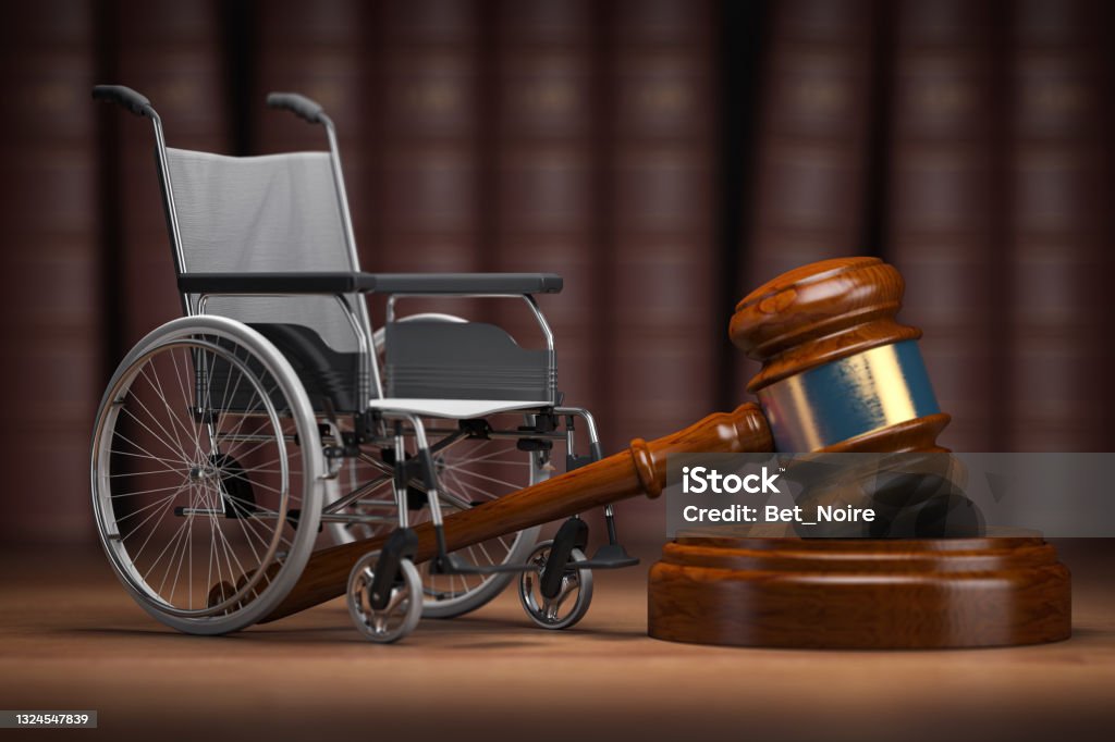 Disability law and social services for disabled people concept. Wheelchair and gavel. Disability law and social services for disabled people concept. Wheelchair and gavel. 3d illustration Lawyer Stock Photo
