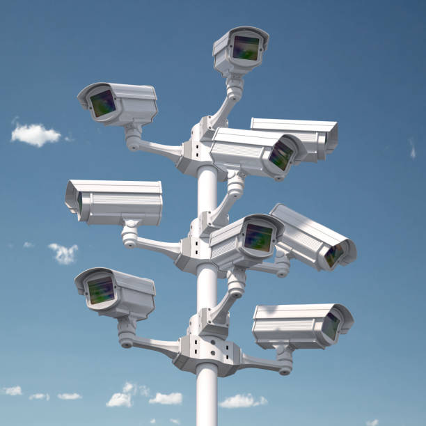 CCTV security cameras on the pole. Safety and protection concept. CCTV security cameras on the pole. Safety and protection concept. 3d illustration big brother orwellian concept stock pictures, royalty-free photos & images