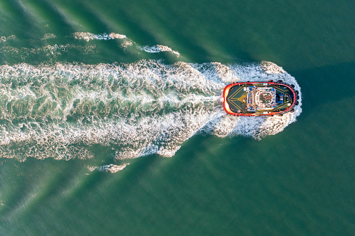 Aerial view of a tugboat.