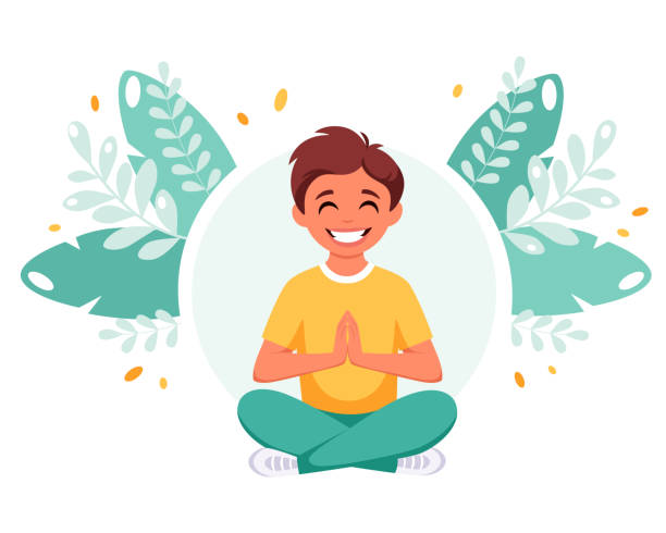 Little boy meditating in lotus pose. Gymnastic, meditation for children. Vector illustration Vector illustration for cards, icons, postcards, banners, logotypes, posters and professional design. mindfulness children stock illustrations