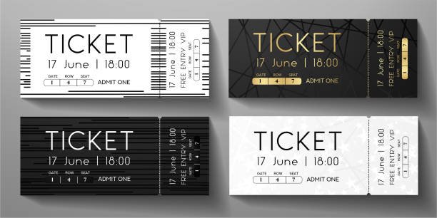 Admission ticket template set. Vector stripe tear-off entrance ticket with abstract line on black and white background Design template for concert event, musical performance, exhibition, show ticket stock illustrations