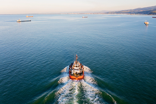 Aerial view of a tugboat.