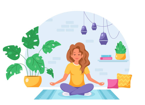 Woman meditating in lotus pose in cozy modern interior. Home activity. Vector illustration Vector illustration for cards, icons, postcards, banners, logotypes, posters and professional design. meditation room stock illustrations